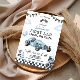 Blue Race Car First Lap Around The Track Birthday Invitation