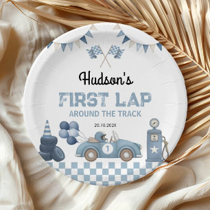 Blue Race Car First Lap Around the Track Birthday Paper Plate