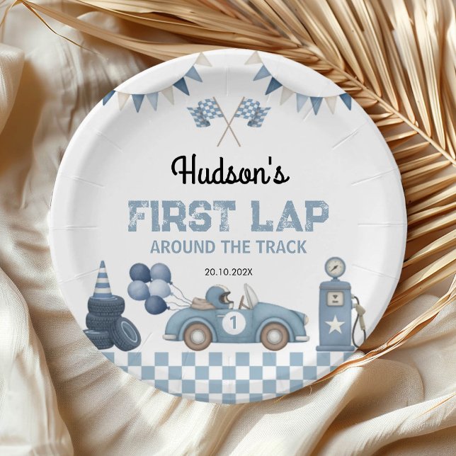 Blue Race Car First Lap Around the Track Birthday Paper Plate (Creator Uploaded)
