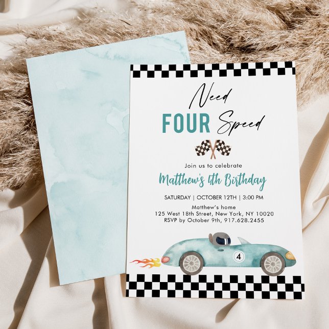 Blue Race Car Fourth Birthday Invitation (Creator Uploaded)