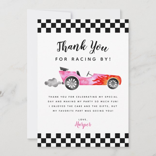 Blue Race Car Girl Birthday Party  Thank You Card (Front)