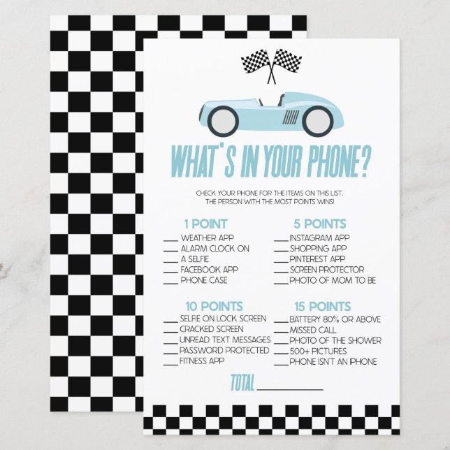 Blue Race Car In Your Phone Baby Shower Game (Front/Back)