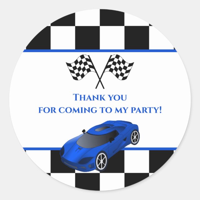 Blue Race Car | Kids Birthday Party Favour Classic Round Sticker (Front)