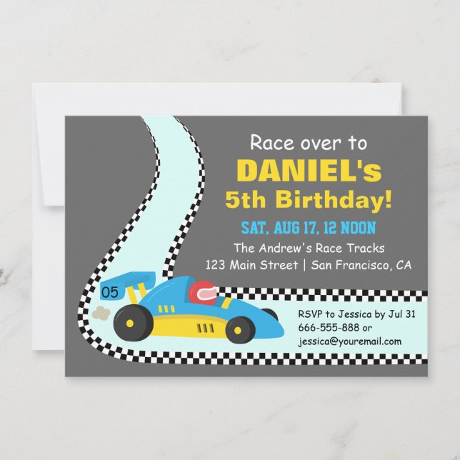 Blue Race Car Kids Birthday Party Invitations (Front)