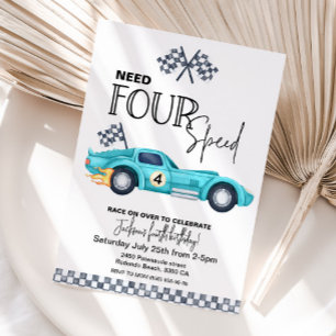 Blue Race Car, Need FOUR speed 4th Birthday Invitation