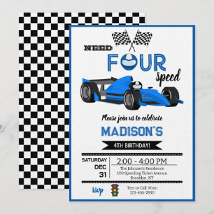 Blue Race Car Need Four Speed Birthday Party Invitation