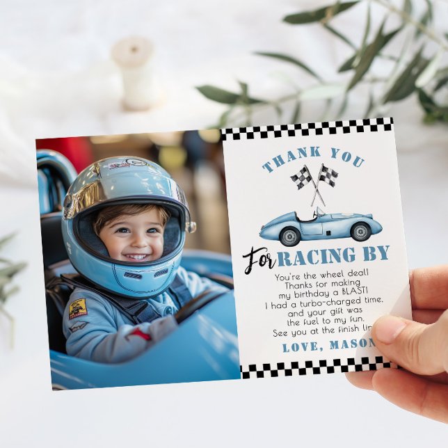 Blue Race Car Photo Birthday Thank you card (Creator Uploaded)
