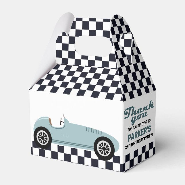Blue Race Car Racing Birthday Party Chequered Favour Box (Front Side)