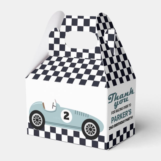 Blue Race Car Racing Birthday Party Chequered Favour Box (Front Side)