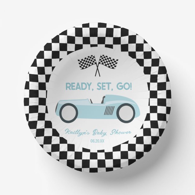 Blue Race Car Ready Set Go Baby Shower Paper Plate (Front)