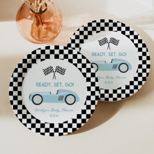 Blue Race Car Ready Set Go Baby Shower Paper Plate