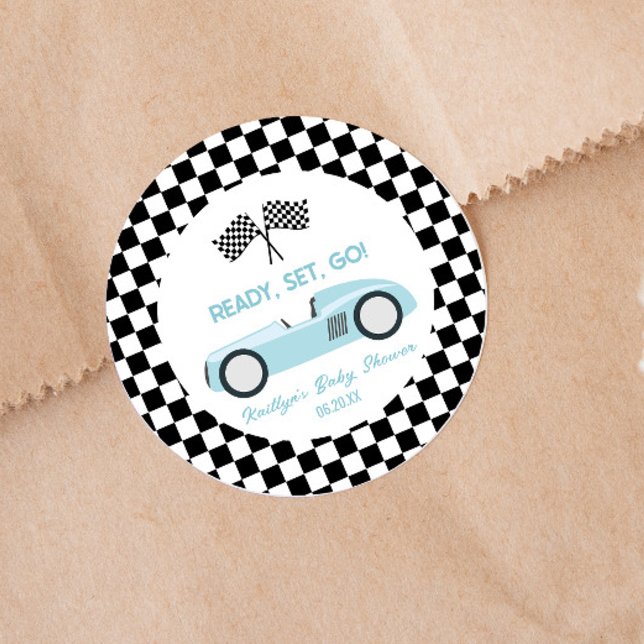 Blue Race Car Ready Set Go Baby Shower Party Favou Classic Round Sticker (Creator Uploaded)