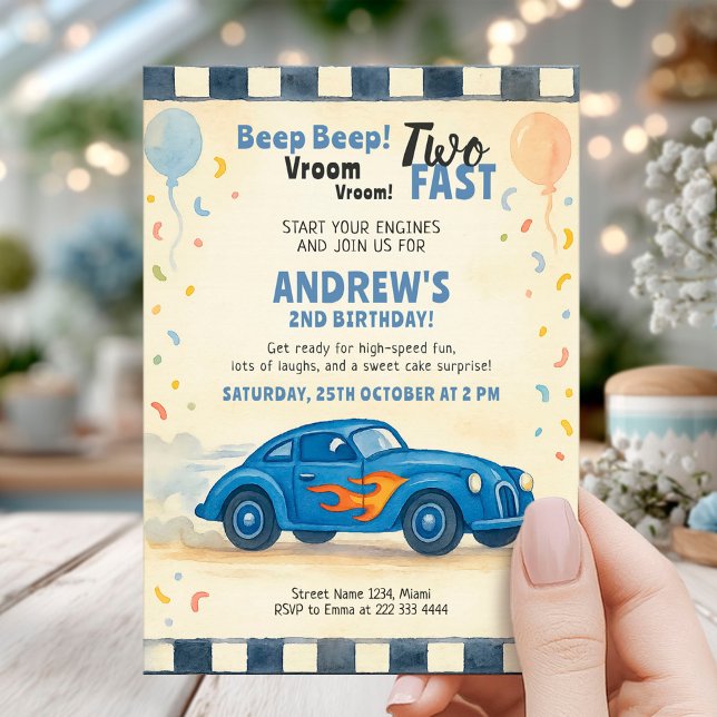 Blue Race Car Second Birthday Invitation (Creator Uploaded)