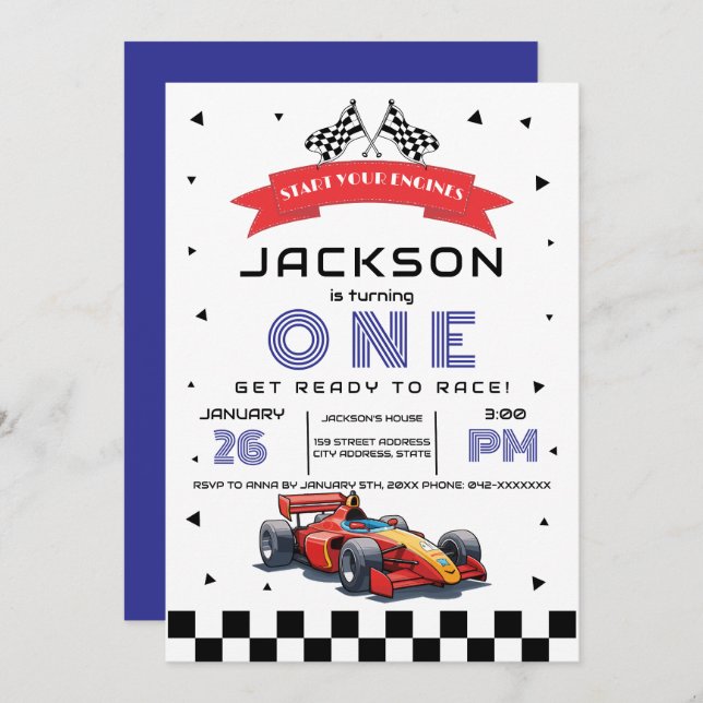 Blue Race Car-Themed Any Age Birthday Party Invitation (Front/Back)