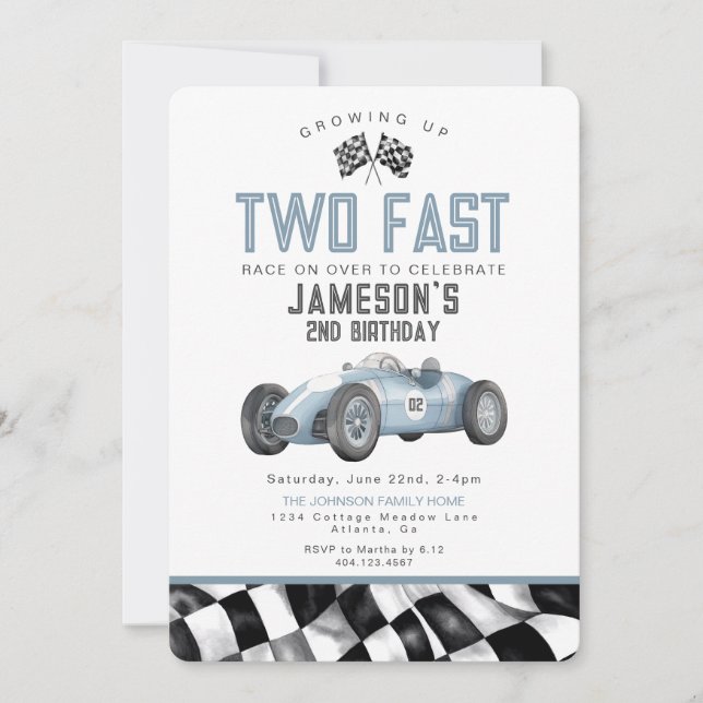 Blue Race Car Two Fast 2nd Birthday Party Invite (Front)
