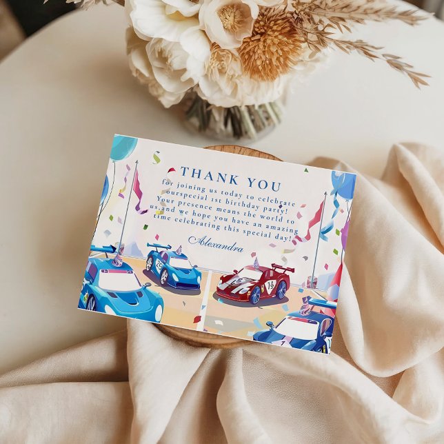 Blue Race Car Two Fast Birthday Thank You Card (Creator Uploaded)