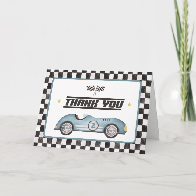 Blue Race Car Two Fast Boy Birthday Party Thank You Card (Front)