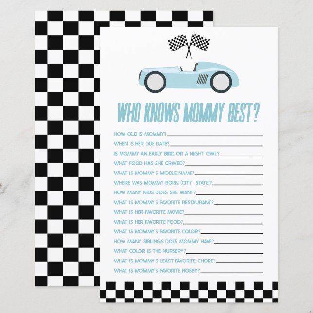 Blue Race Car Who Knows Mummy Baby Shower Game (Front/Back)