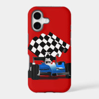 Blue Race Car with Chequered Flag