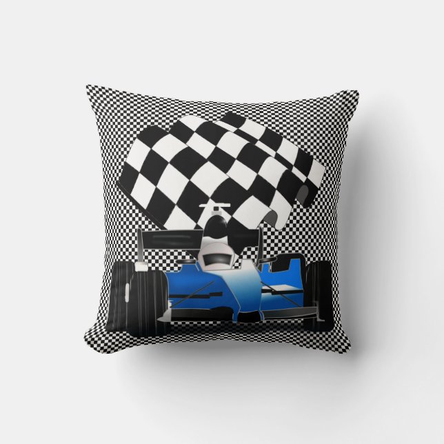 Blue Race Car with Chequered Flag Cushion (Front)