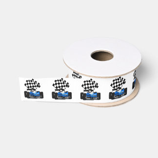 Blue Race Car with Chequered Flag Grosgrain Ribbon