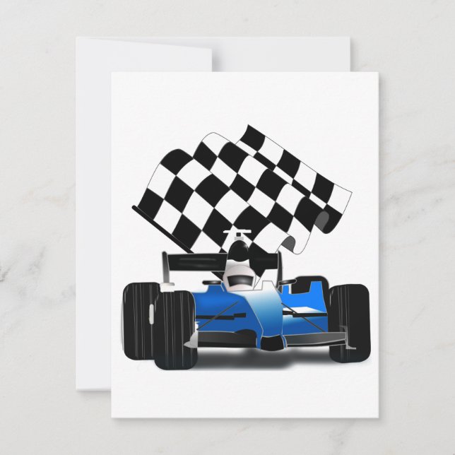 Blue Race Car with Chequered Flag Invitation (Front)