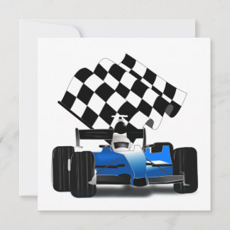 Blue Race Car with Chequered Flag Invitation