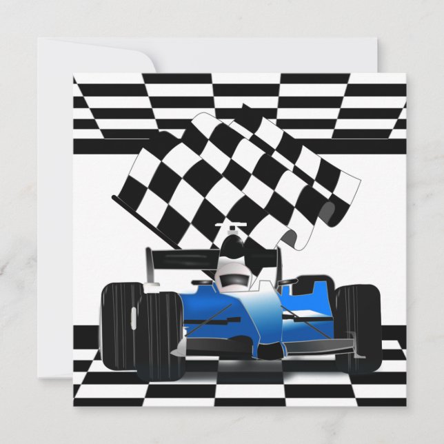 Blue Race Car with Chequered Flag Invitation (Front)