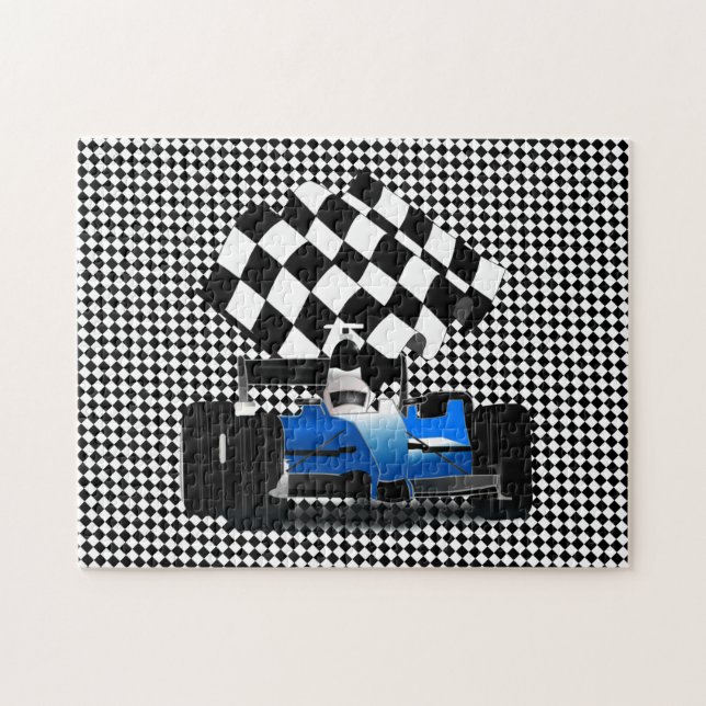 Blue Race Car with Chequered Flag Jigsaw Puzzle (Horizontal)