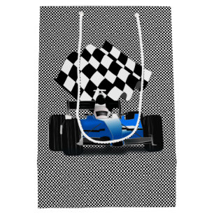 Blue Race Car with Chequered Flag Medium Gift Bag
