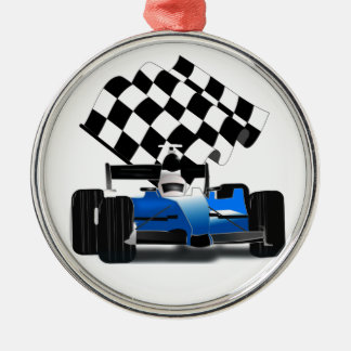 Blue Race Car with Chequered Flag Metal Tree Decoration