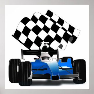 Blue Race Car with Chequered Flag Poster