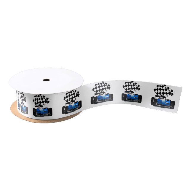 Blue Race Car with Chequered Flag Satin Ribbon (Spool)