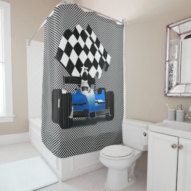 Blue Race Car with Chequered Flag Shower Curtain (In Situ)
