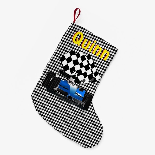 Blue Race Car with Chequered Flag  Small Christmas Stocking (Front (Hanging))