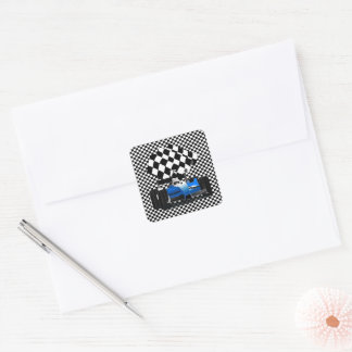 Blue Race Car with Chequered Flag Square Sticker