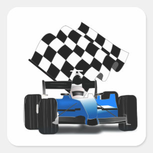 Blue Race Car with Chequered Flag Square Sticker