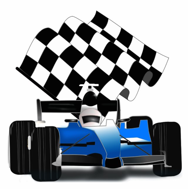 Blue Race Car with Chequered Flag Standing Photo Sculpture (Front)