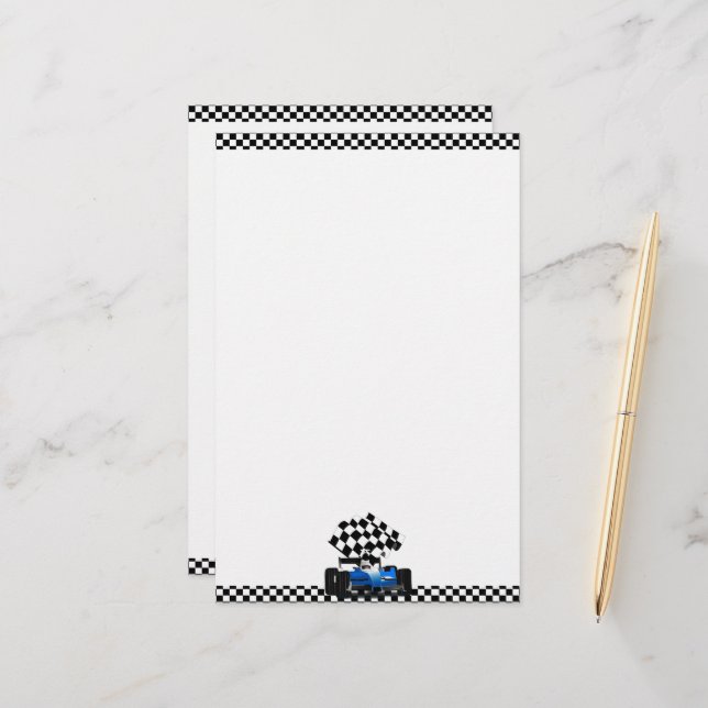 Blue Race Car with Chequered Flag Stationery (Front/Back In Situ)