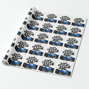 Blue Race Car with Chequered Flag Wrapping Paper