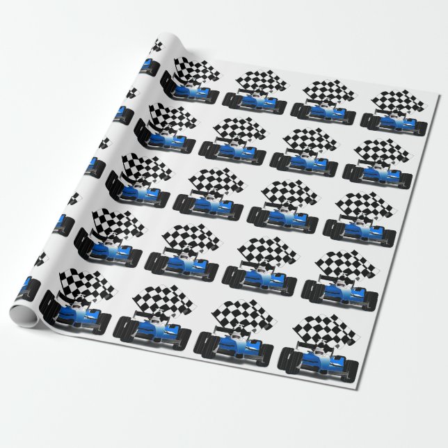 Blue Race Car with Chequered Flag Wrapping Paper (Unrolled)