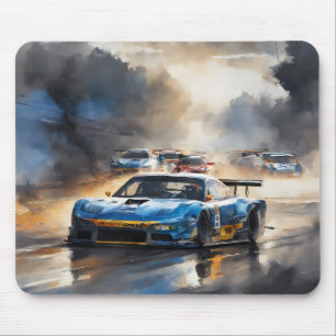 Blue Race car with the Sun Rising Mouse Mat