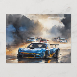 Blue Race car with the Sun Rising  Postcard