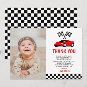 Blue Racecar Race Car Custom Photo Birthday Party Thank You Card