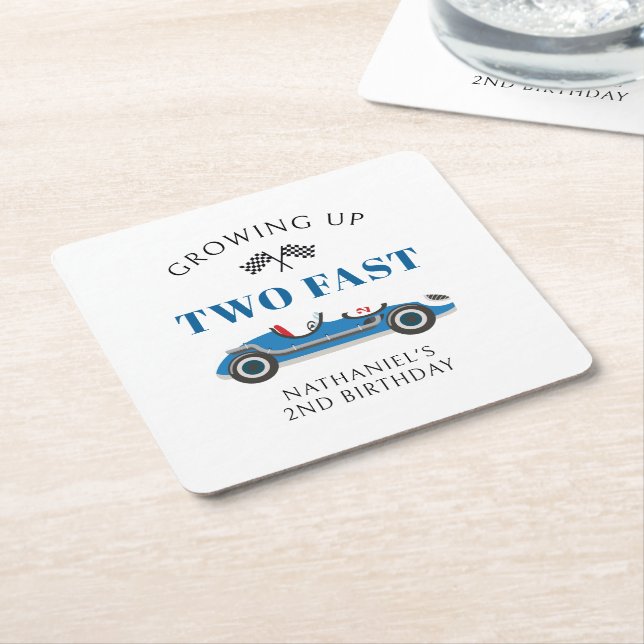 Blue Racing Car 2nd Birthday Party Square Paper Coaster (Angled)