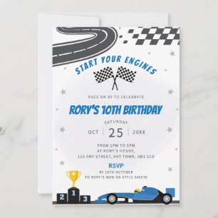 Blue Racing Car Birthday Party Invitation