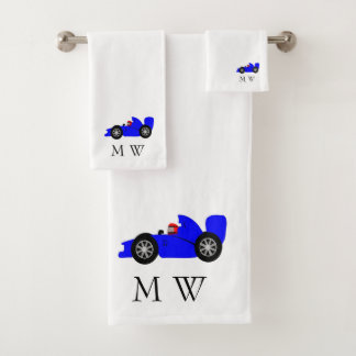 Blue Racing Car Design Monogrammed Bath Towel Set