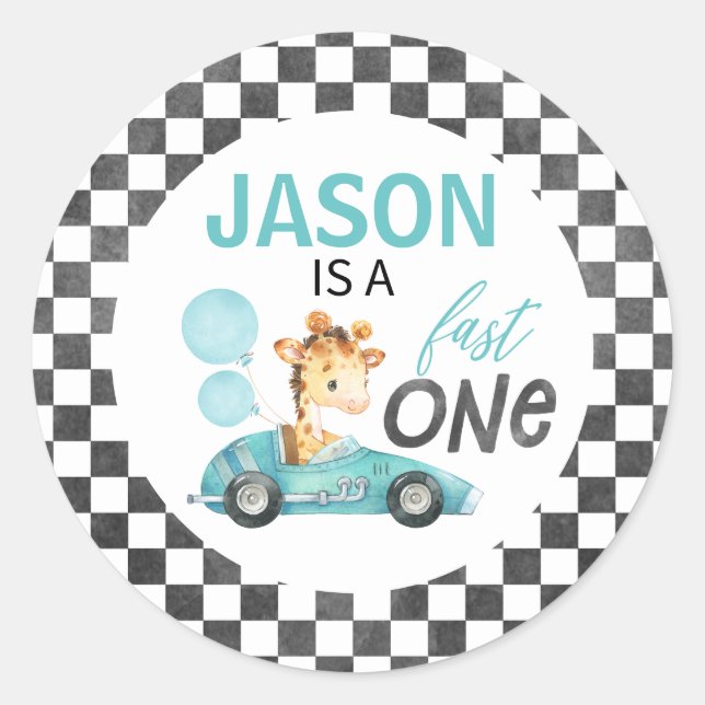 Blue Racing Car Giraffe 1st Birthday Classic Round Sticker (Front)