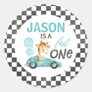 Blue Racing Car Giraffe 1st Birthday Classic Round Sticker