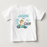 Blue Racing Car Giraffe 1st Birthday T-shirt